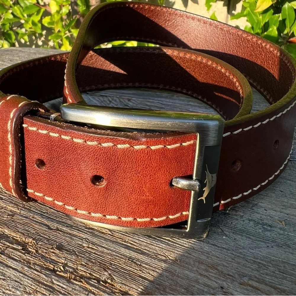 Tommy Bahama Tan Leather Belt Silver Buckle Size 36